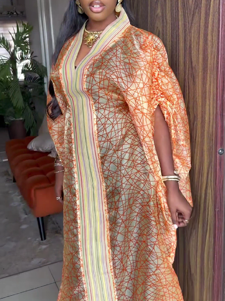 Geometric Print Long Wrap Dress with Wide Sleeves