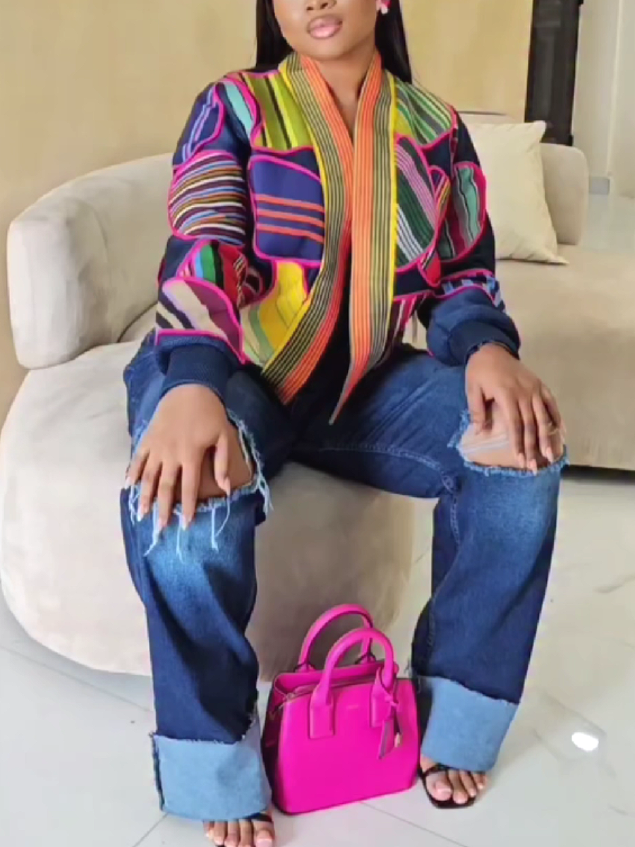 Colorful Striped Patchwork Blazer Jacket