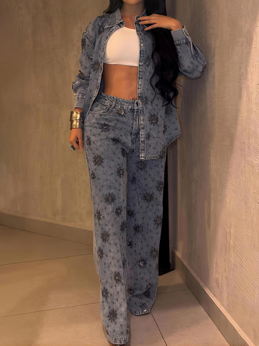 Rhinestone Sparkle Flower Print Denim Two Pieces Set