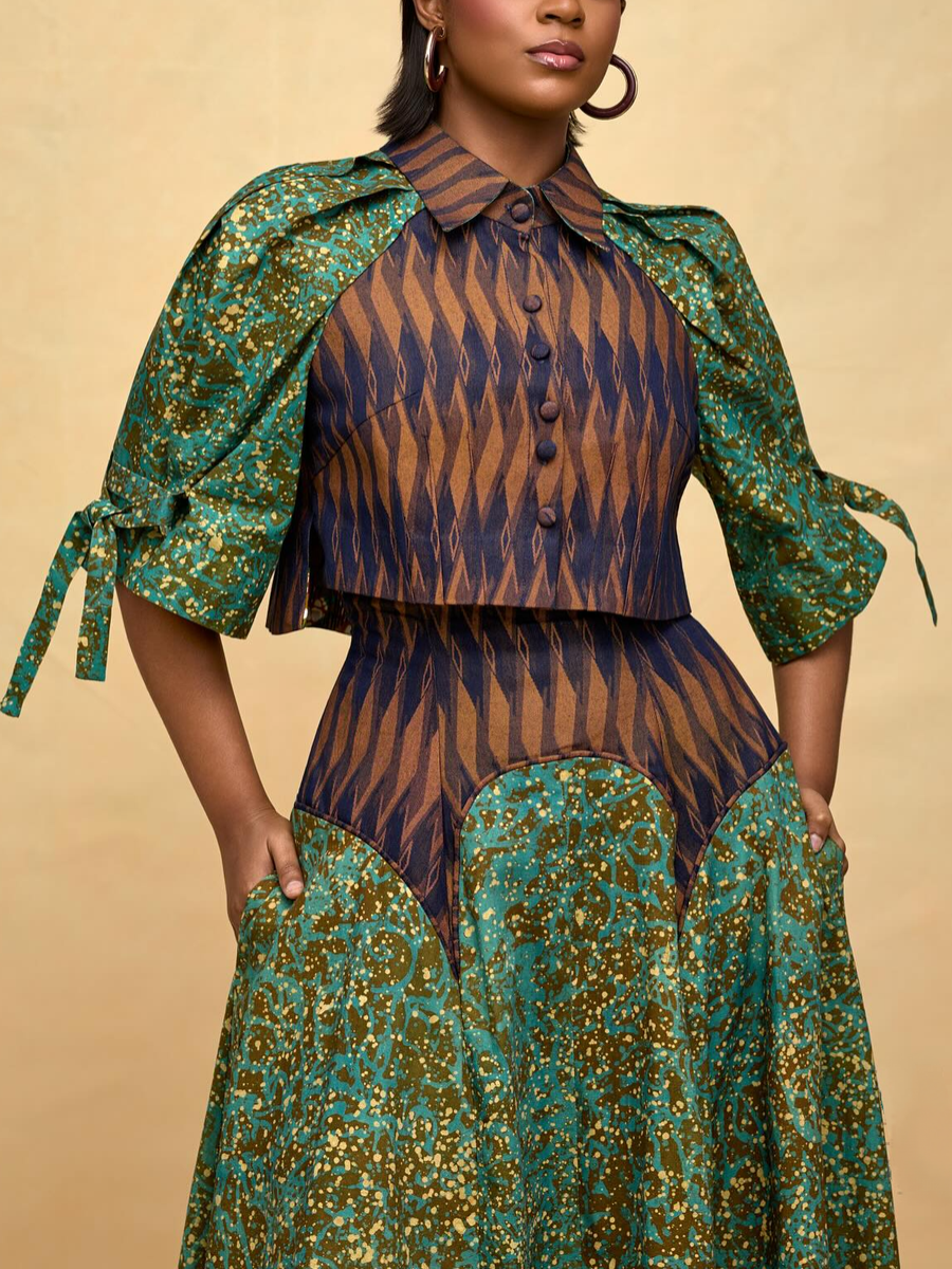 Tie Sleeve Crop Top and High Waisted Maxi Skirt Set