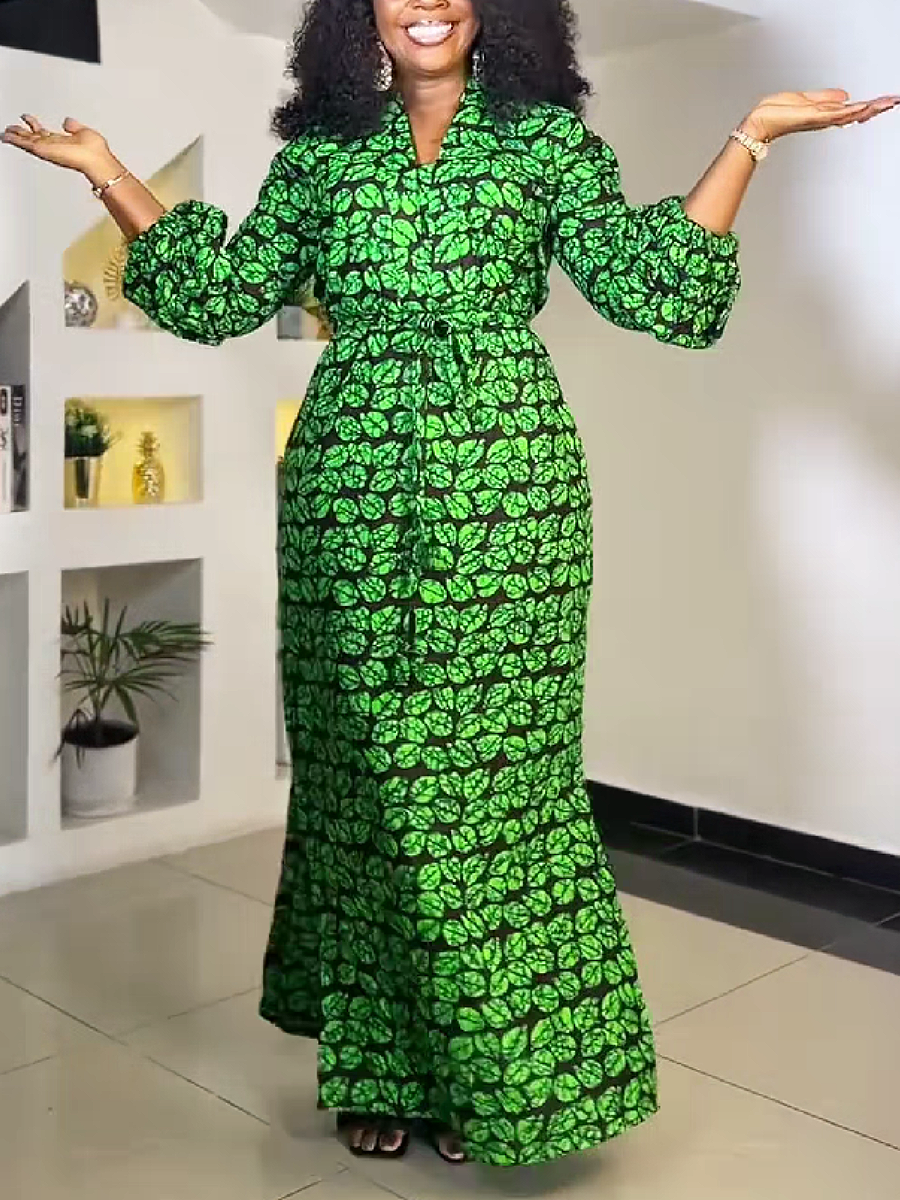 Green Leaf Print Maxi Dress