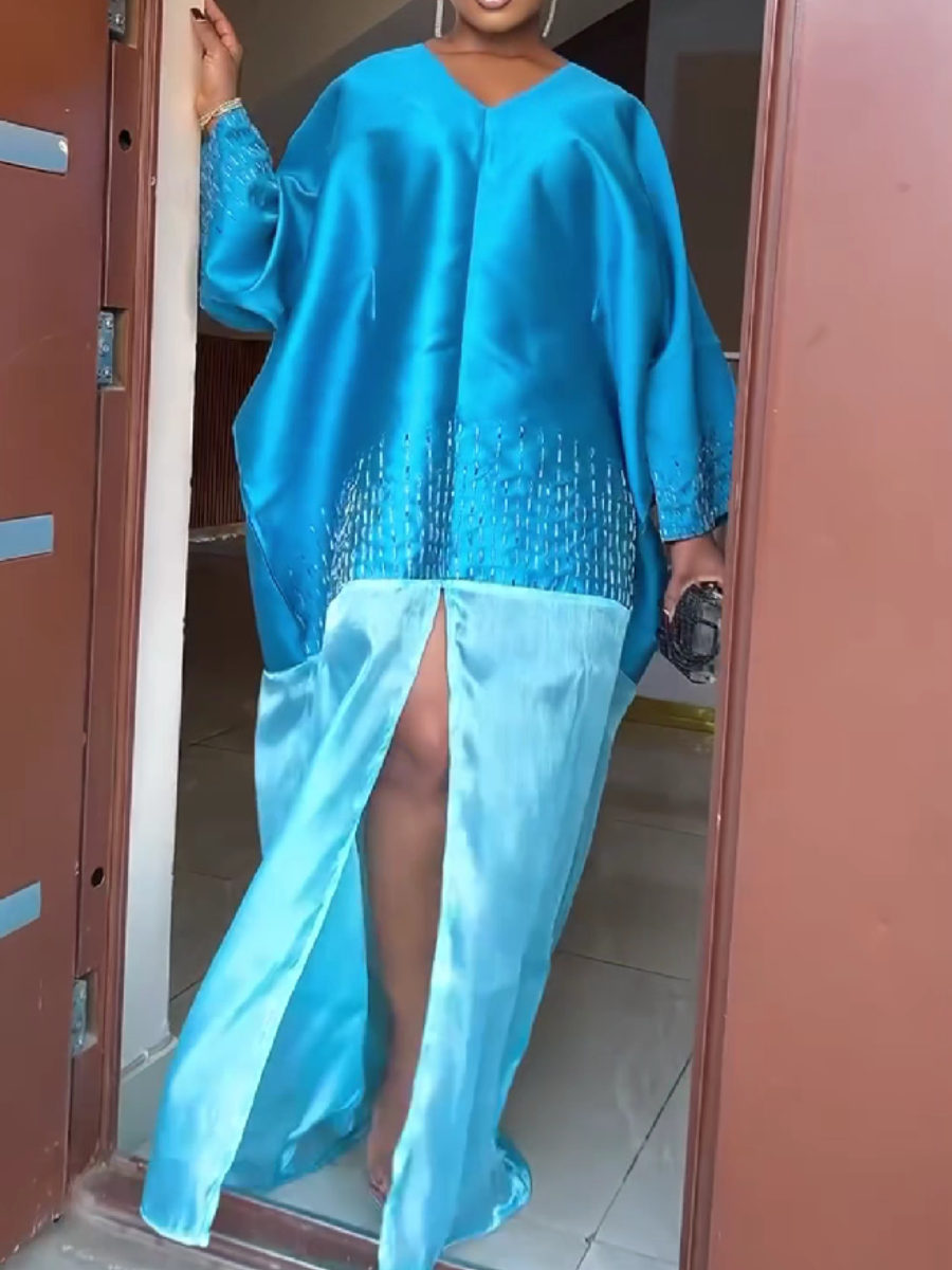 Sheer Layered Satin Maxi Dress with Embellished Hem