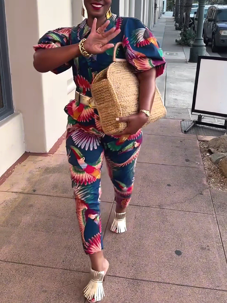 Tropical Print Short Sleeve Top and Cropped Pants Set