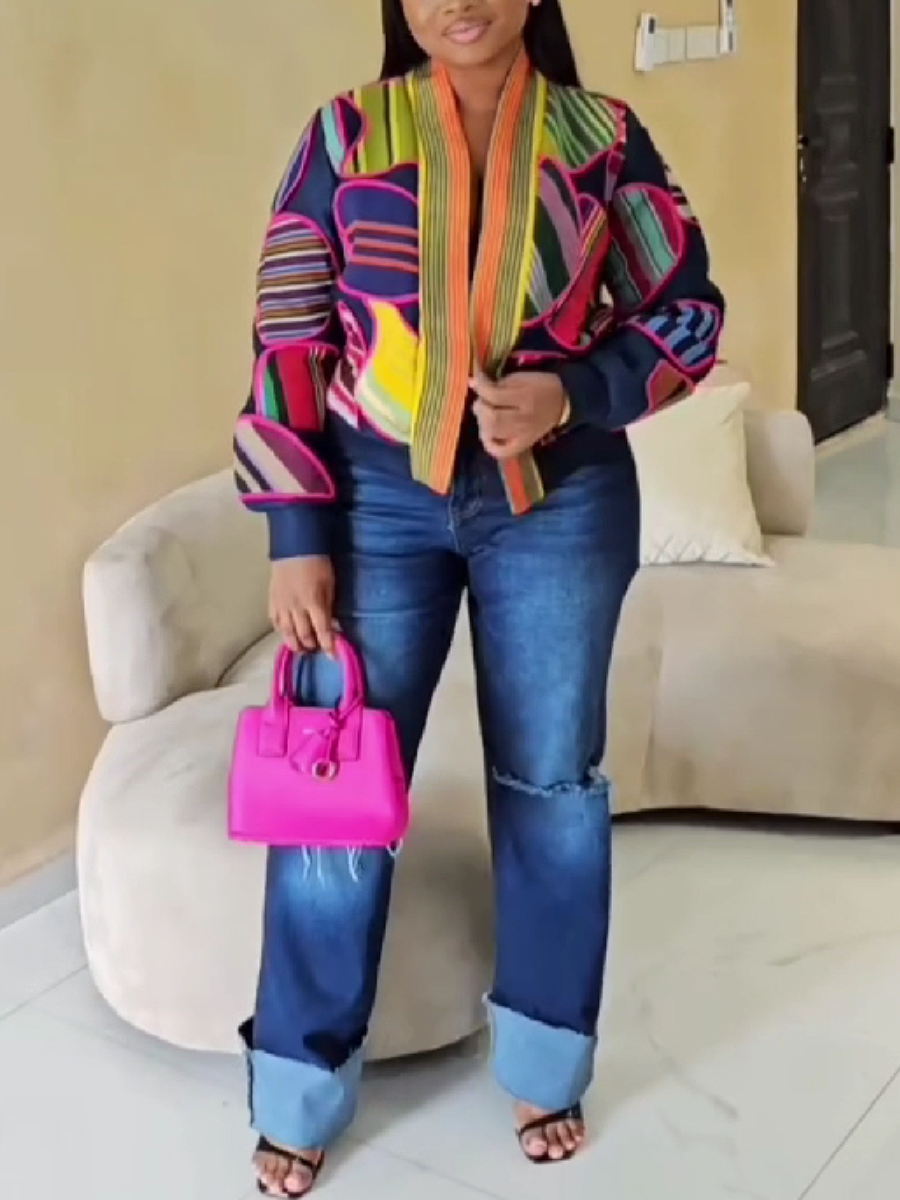 Colorful Striped Patchwork Blazer Jacket