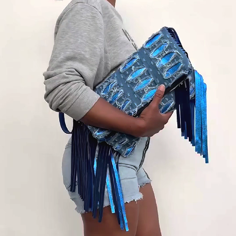 Denim Fringe Clutch Bag