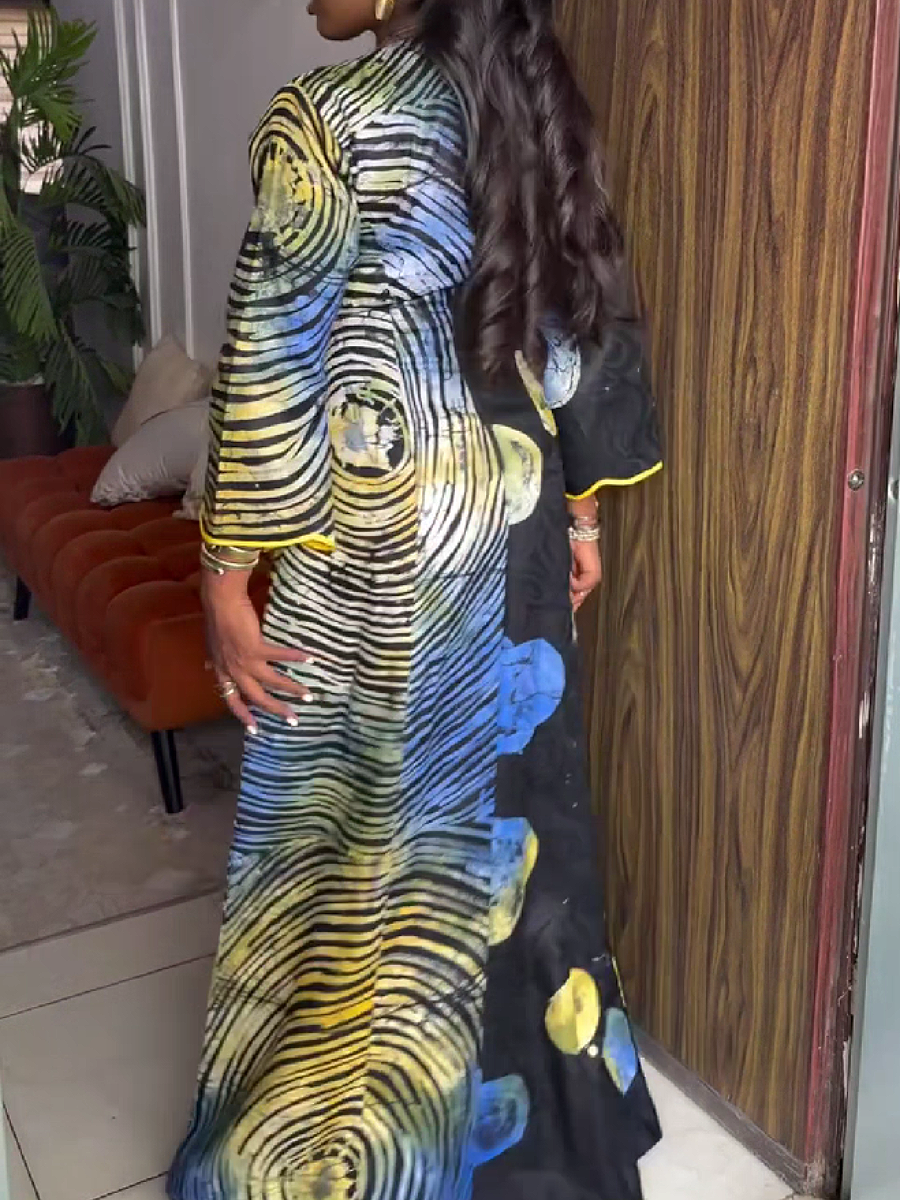 Abstract Print Long Sleeve Maxi Dress