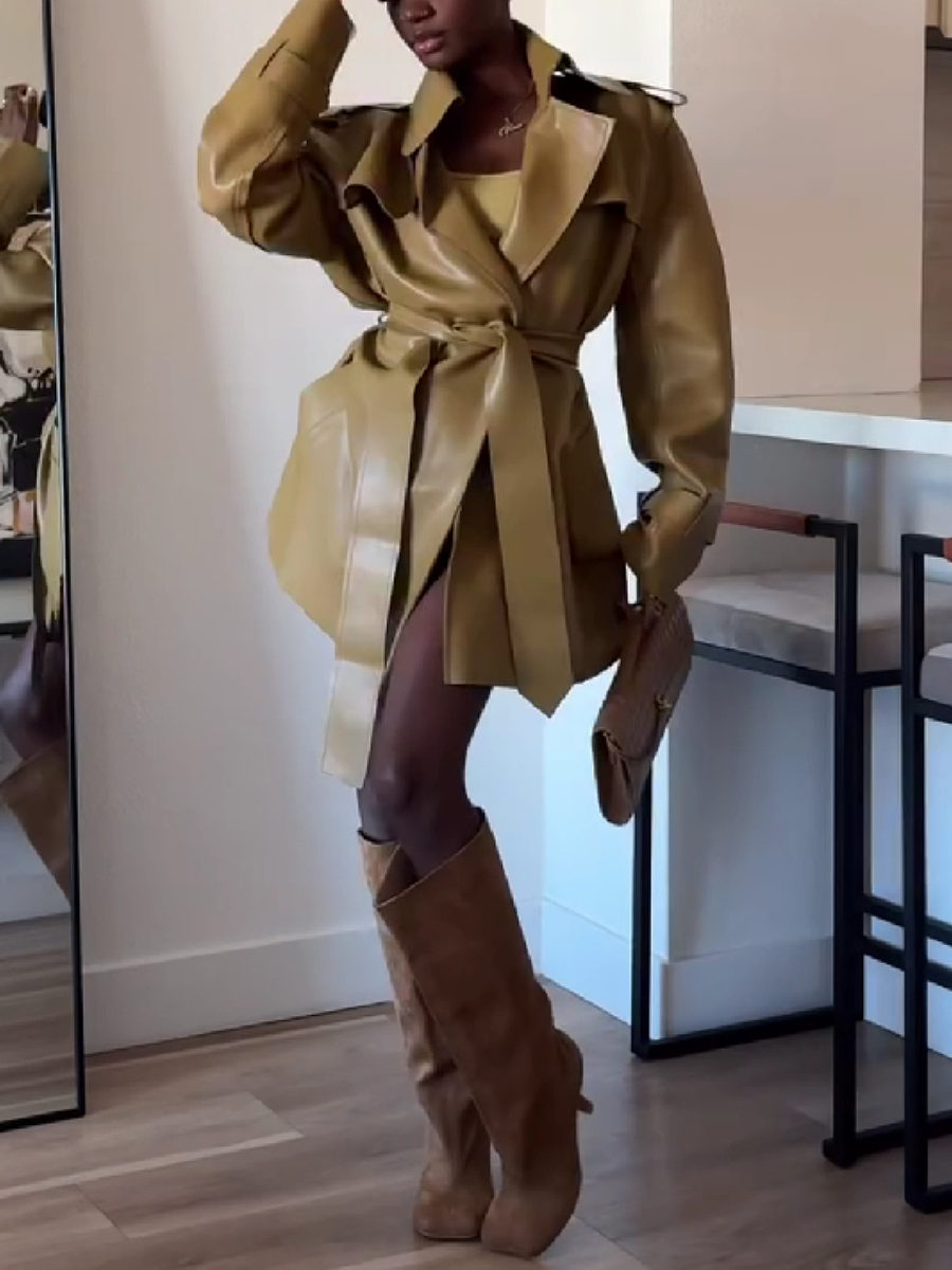 Belted Leather Trench Coat with Layered Collar