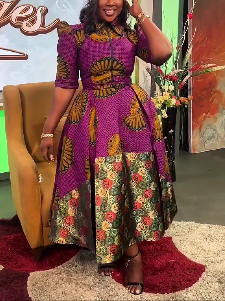 High Neck Patchwork Print Midi Dress