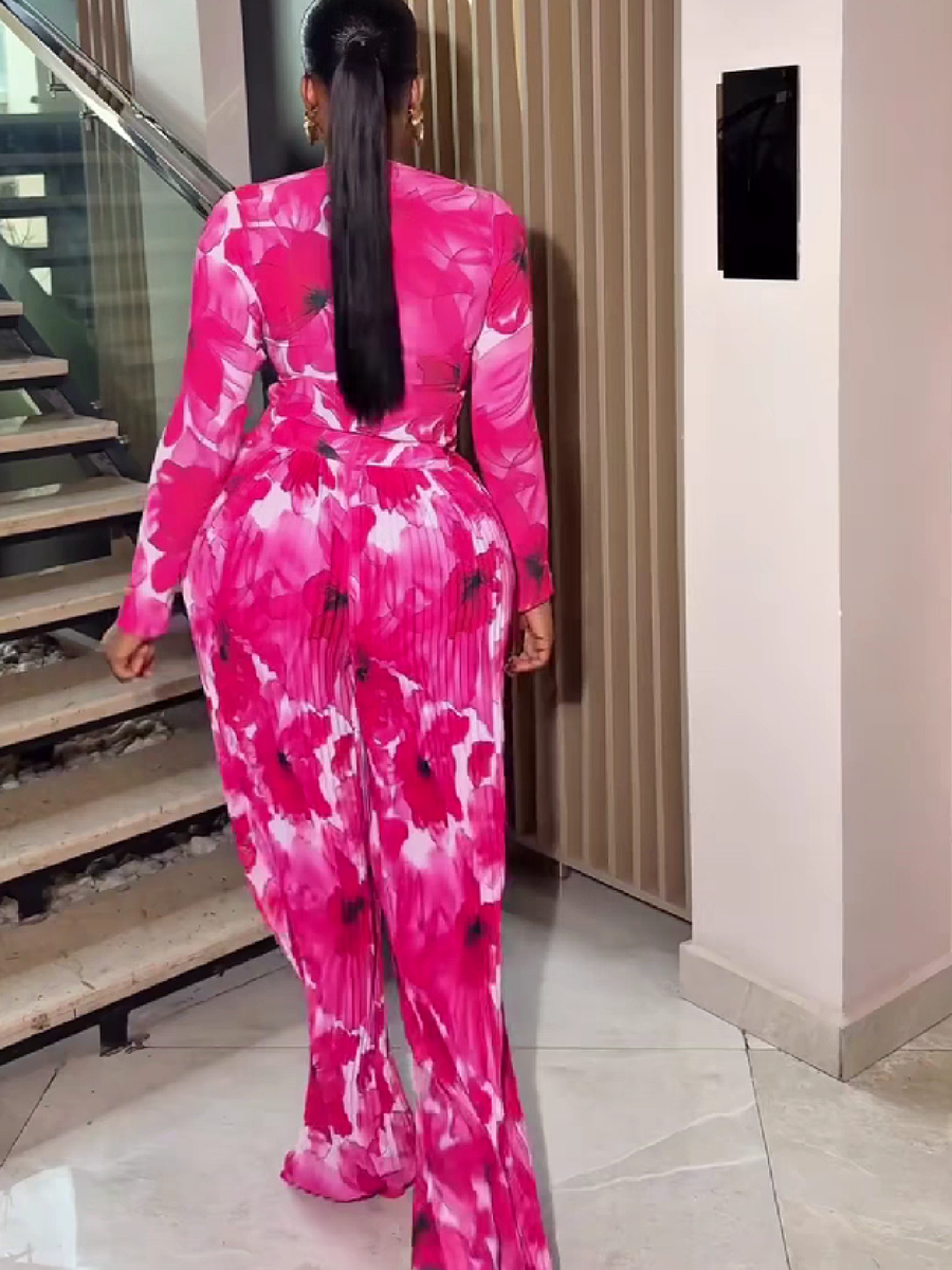 Pink Floral Print Long-sleeved Suit