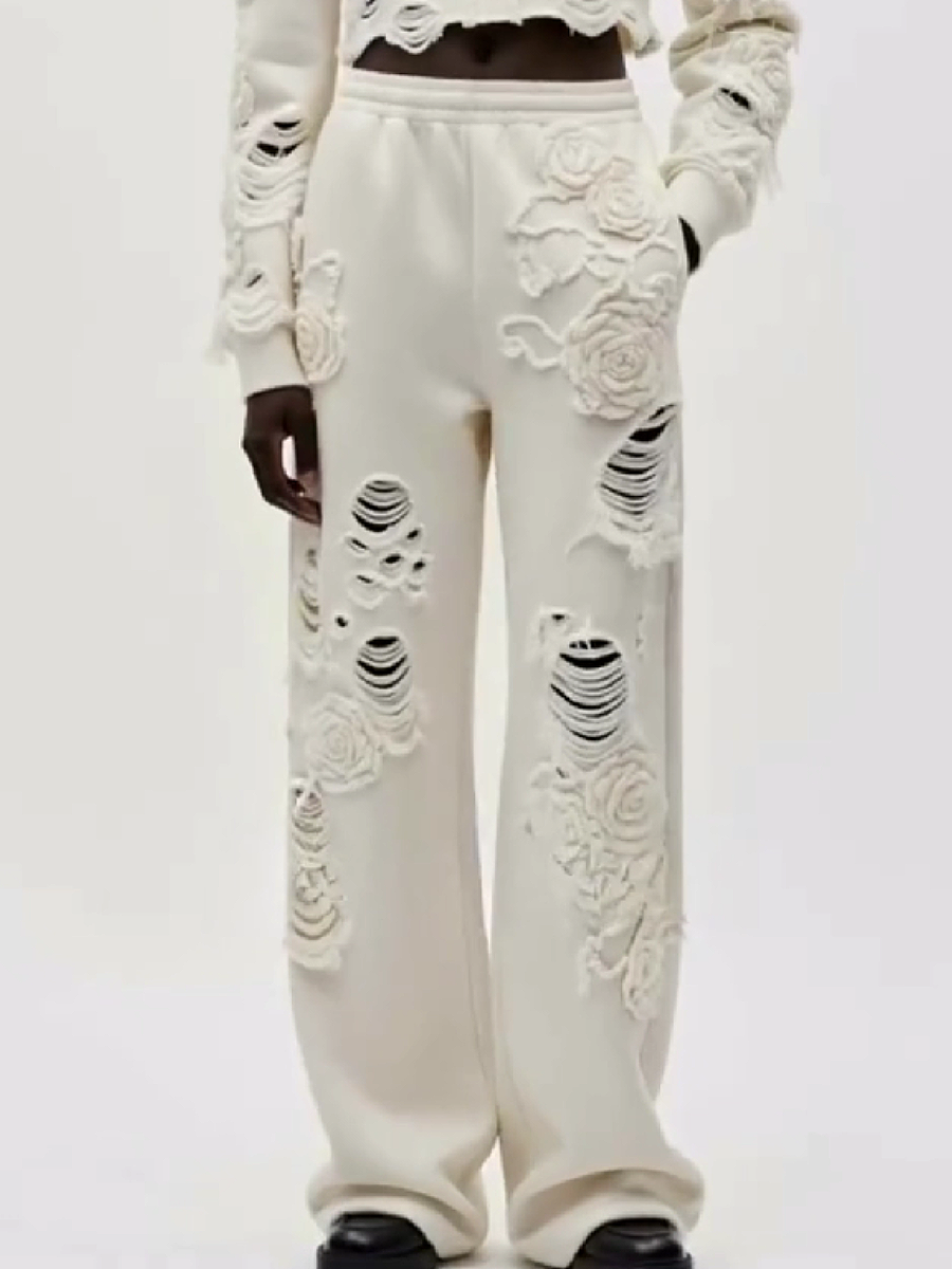 Floral Embellished Crop Top and Wide Leg Pants Set