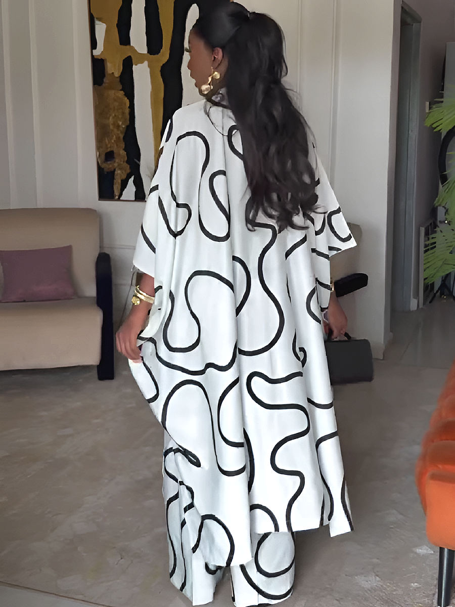 Abstract Line Print Button-Down Maxi Dress