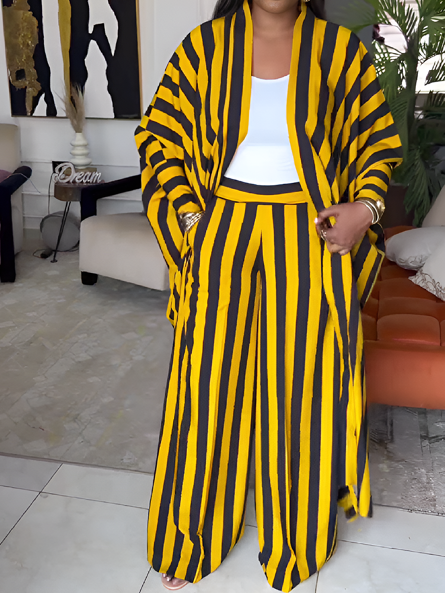 Striped Wide Leg Pants and Open Front Kimono Set
