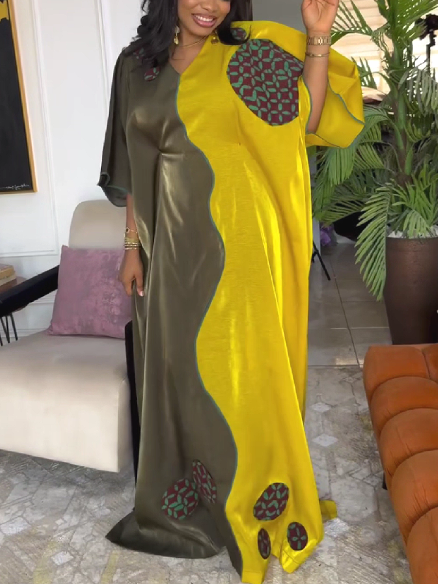 Asymmetrical Panel Maxi Dress with Embroidered Patches