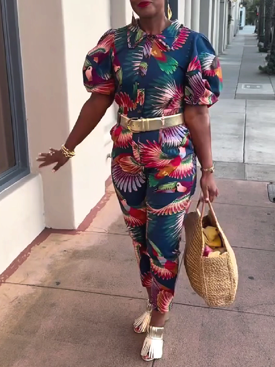 Tropical Print Short Sleeve Top and Cropped Pants Set