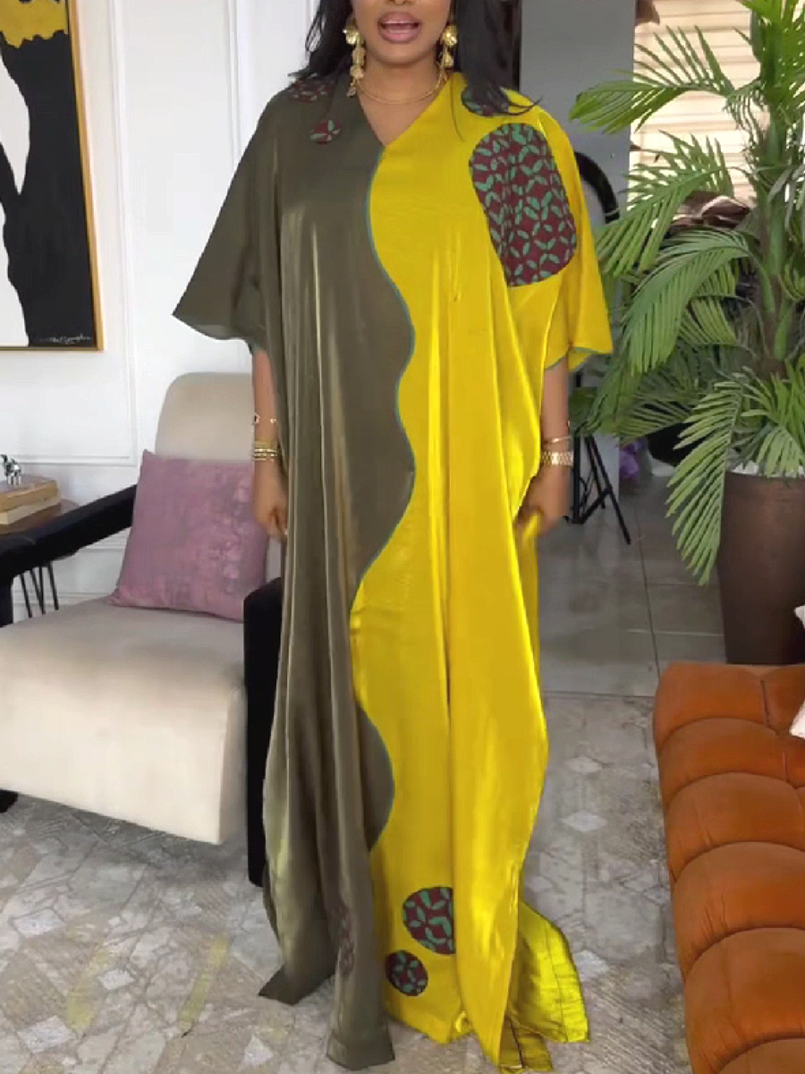 Asymmetrical Panel Maxi Dress with Embroidered Patches