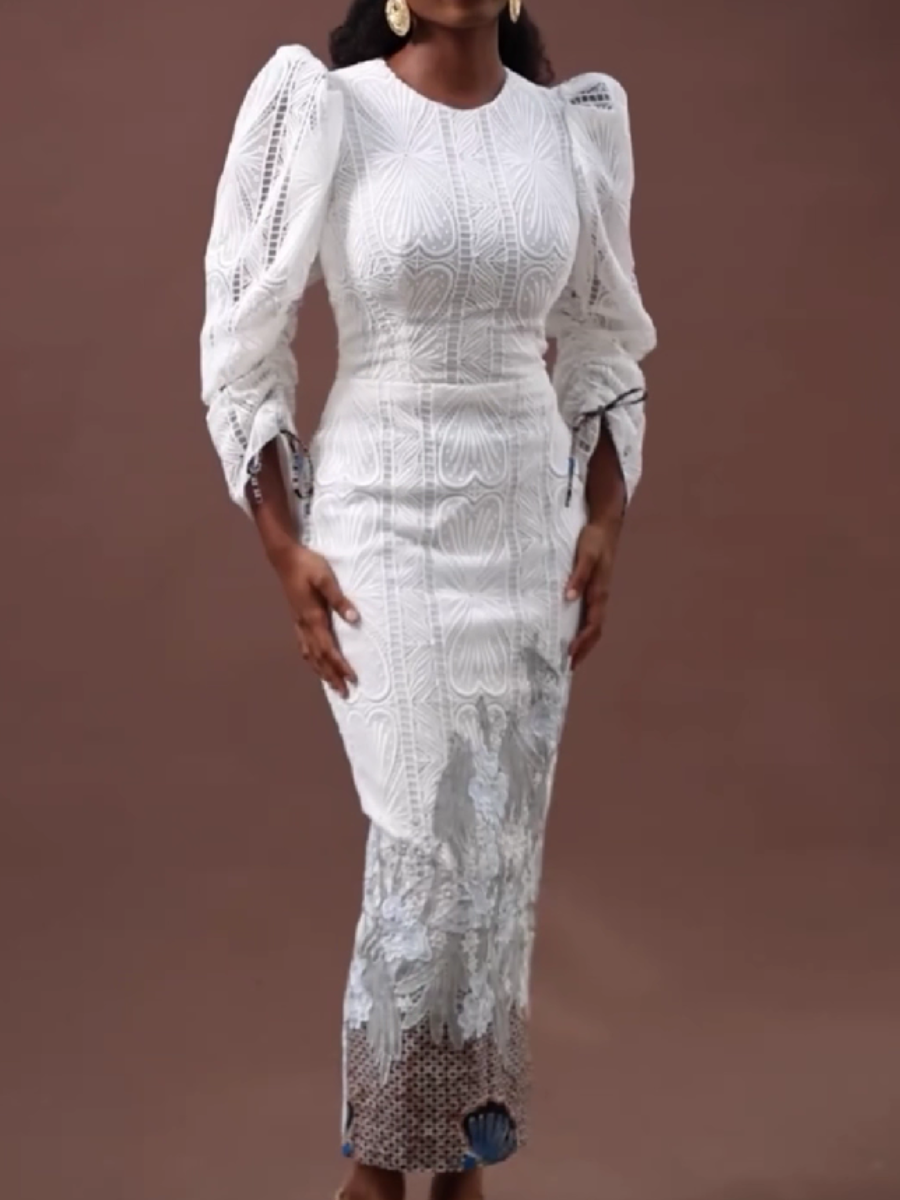 Lace Embellished Puff Sleeve Maxi Dress