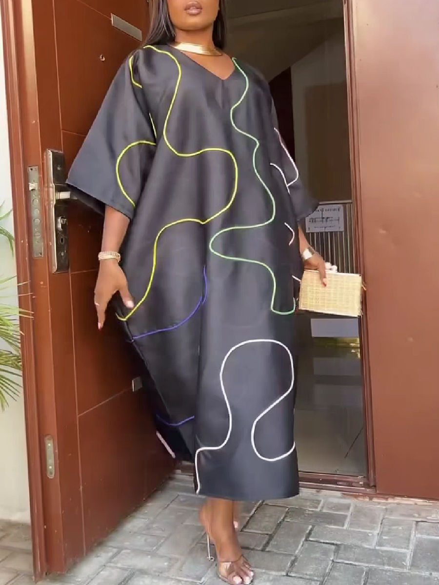 Abstract Line Print Satin Midi Dress