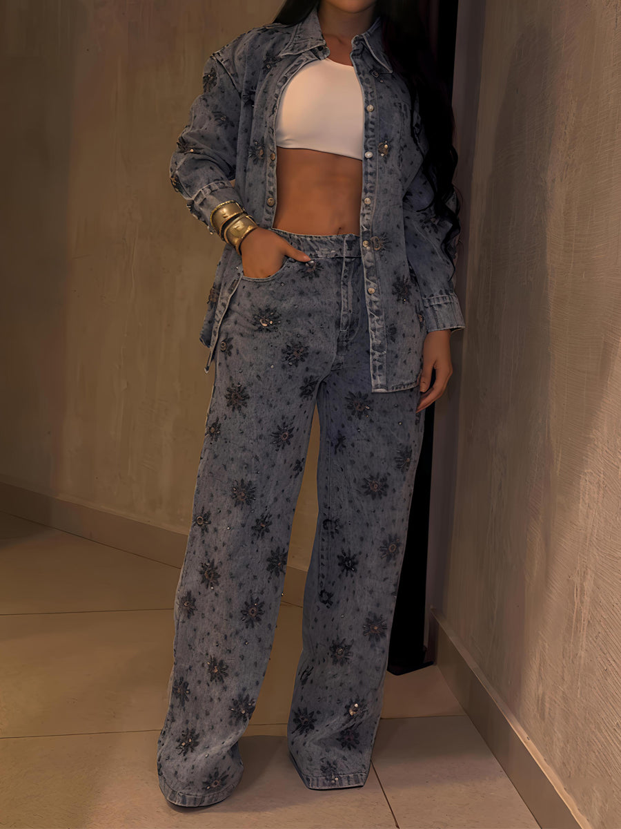 Rhinestone Sparkle Flower Print Denim Two Pieces Set