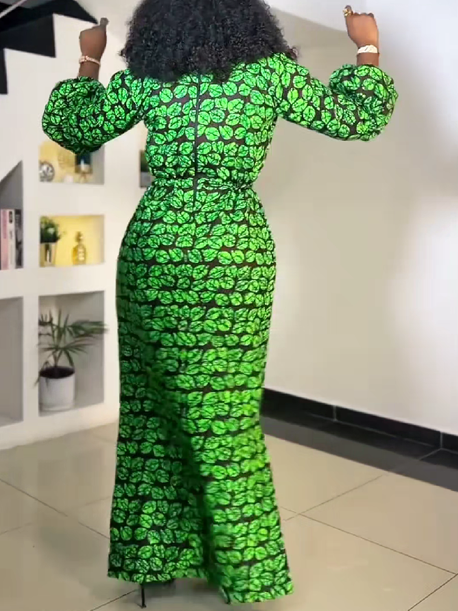 Green Leaf Print Maxi Dress