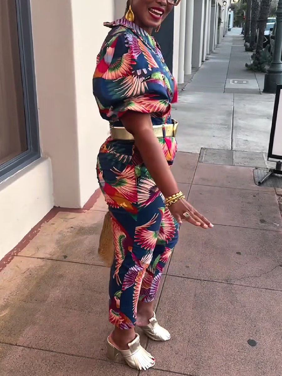 Tropical Print Short Sleeve Top and Cropped Pants Set