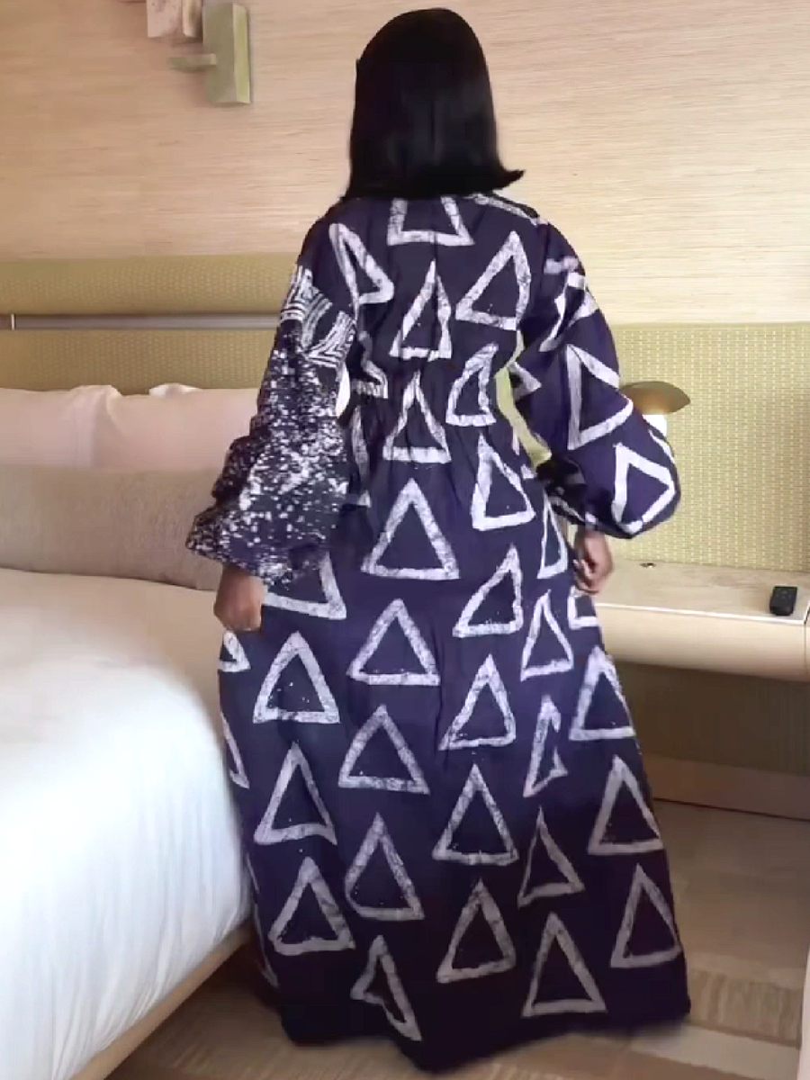 Geometric Print Long Sleeve Maxi Dress