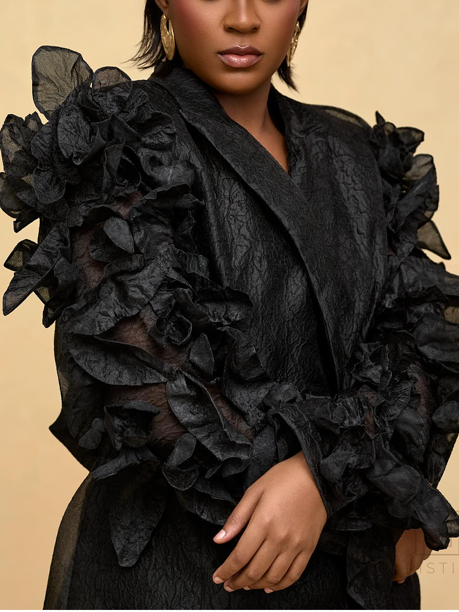 Ruffled Sleeve Blazer and Wide Leg Pants Set