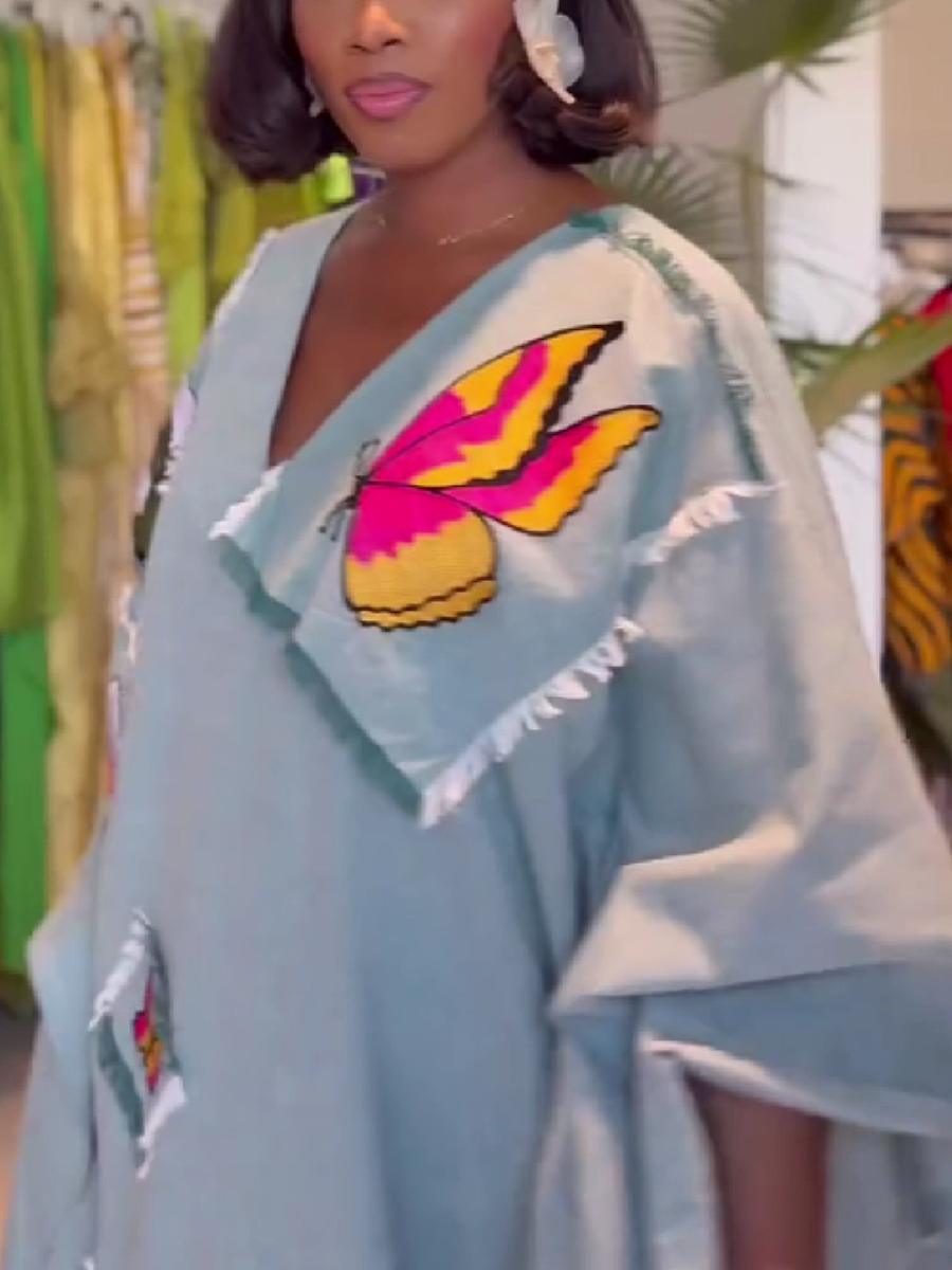 Butterfly Patchwork V-Neck Long Dress