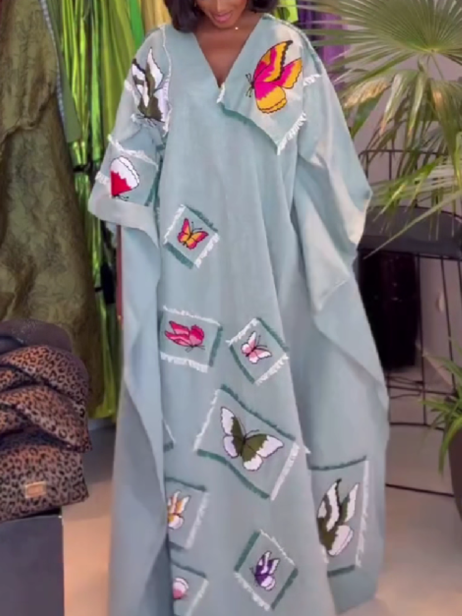 Butterfly Patchwork V-Neck Long Dress