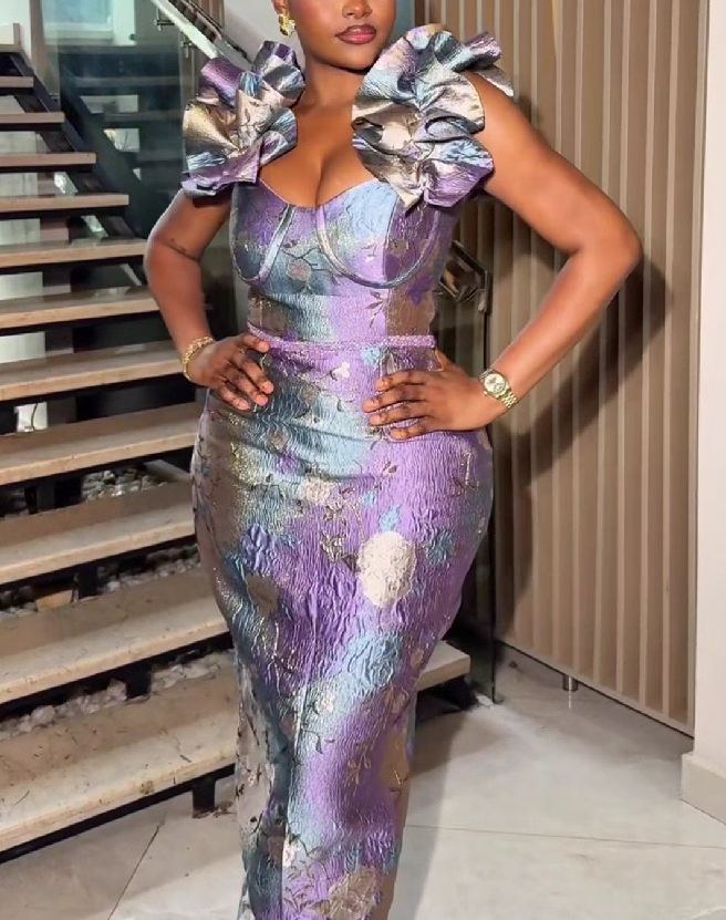 Metallic Ruffle Sleeve Bodycon Dress