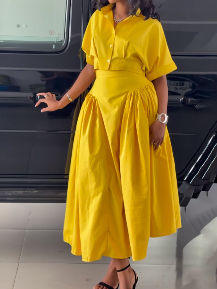 Turndown Collar High-waist Two Pieces Dress