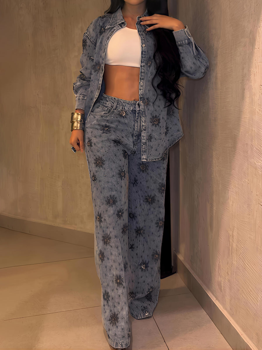Rhinestone Sparkle Flower Print Denim Two Pieces Set
