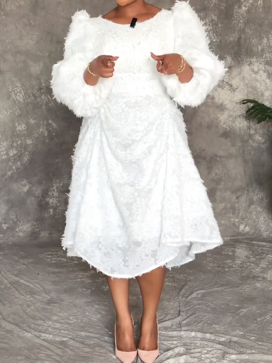 Fuzzy Textured Dress with Flared Sleeves