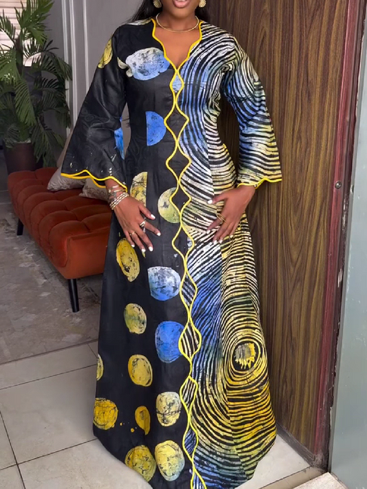 Abstract Print Long Sleeve Maxi Dress