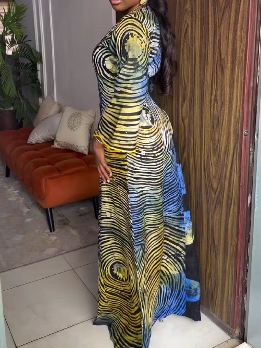 Abstract Print Long Sleeve Maxi Dress
