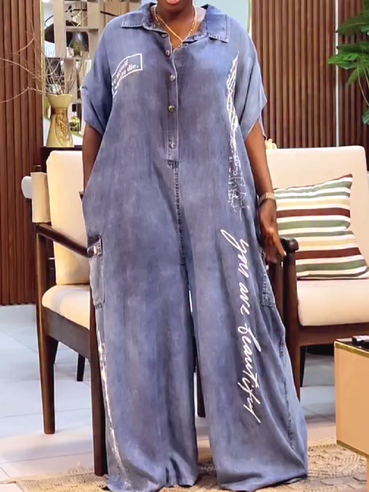 Button Front Wide Leg Jumpsuit with Print Detail