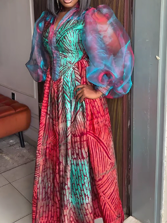 Printed Puff Sleeve Maxi Dress