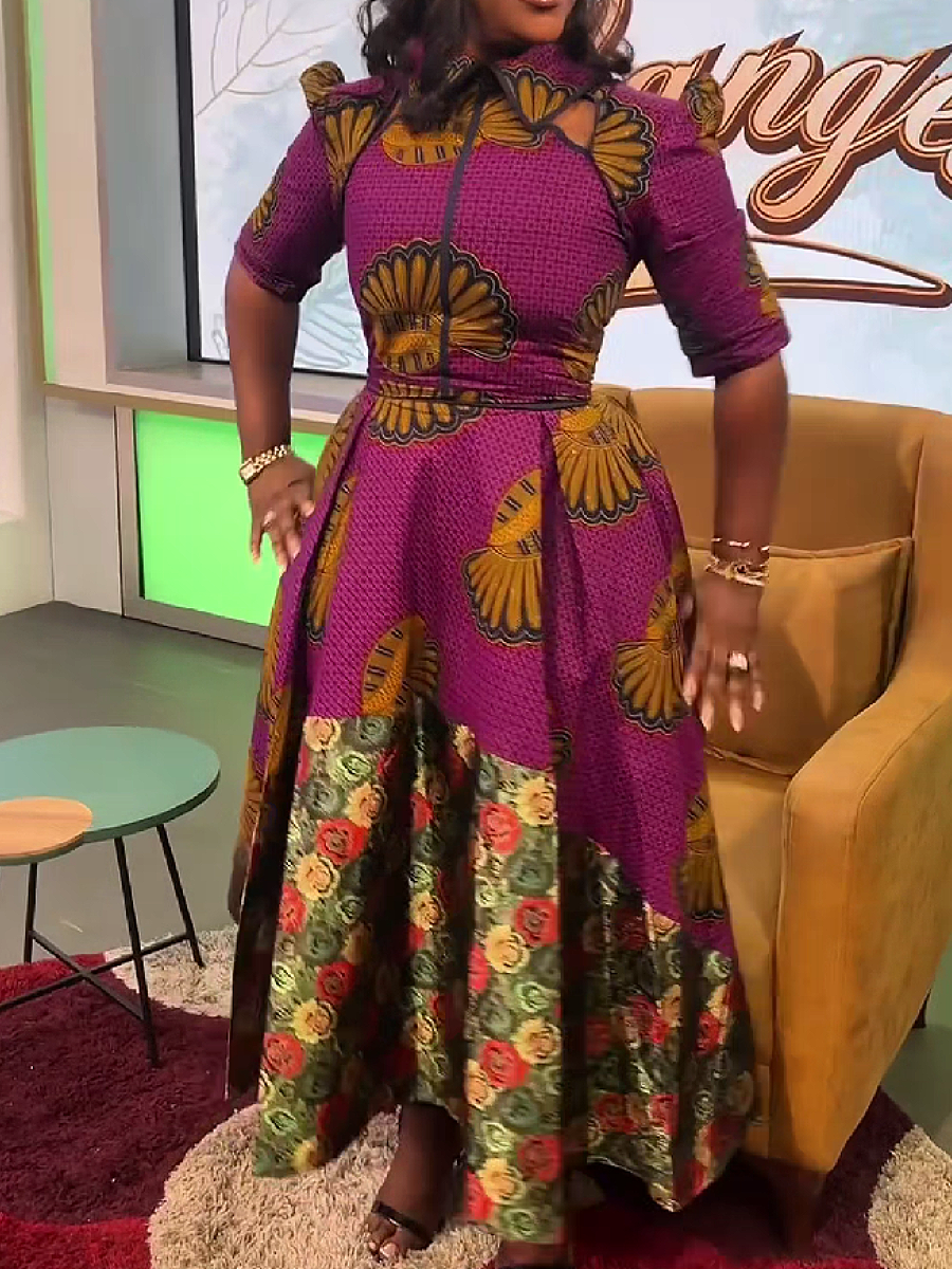 High Neck Patchwork Print Midi Dress