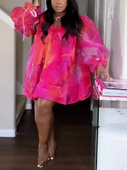 Sheer Overlay Dress with Puff Sleeves