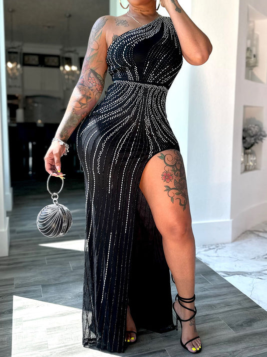 Rhinestones One Shoulder Stretch Party Dress