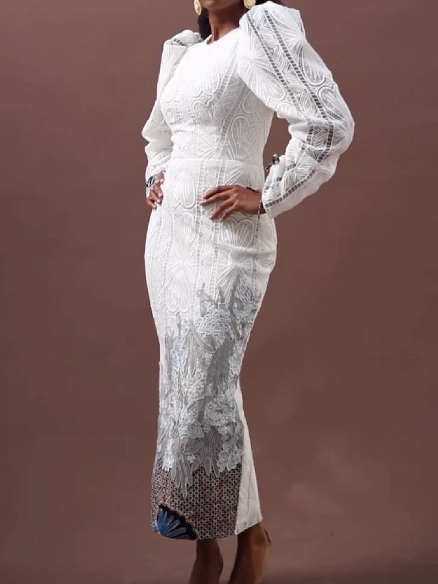 Lace Embellished Puff Sleeve Maxi Dress
