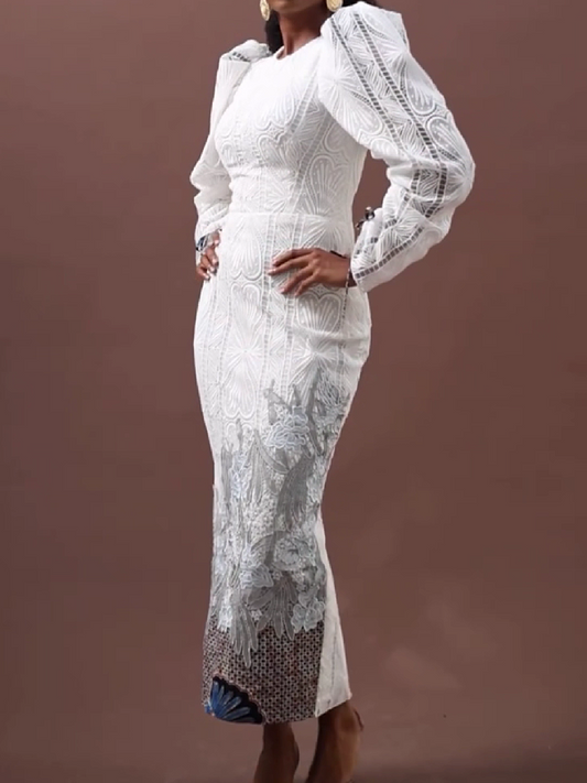 Lace Embellished Puff Sleeve Maxi Dress