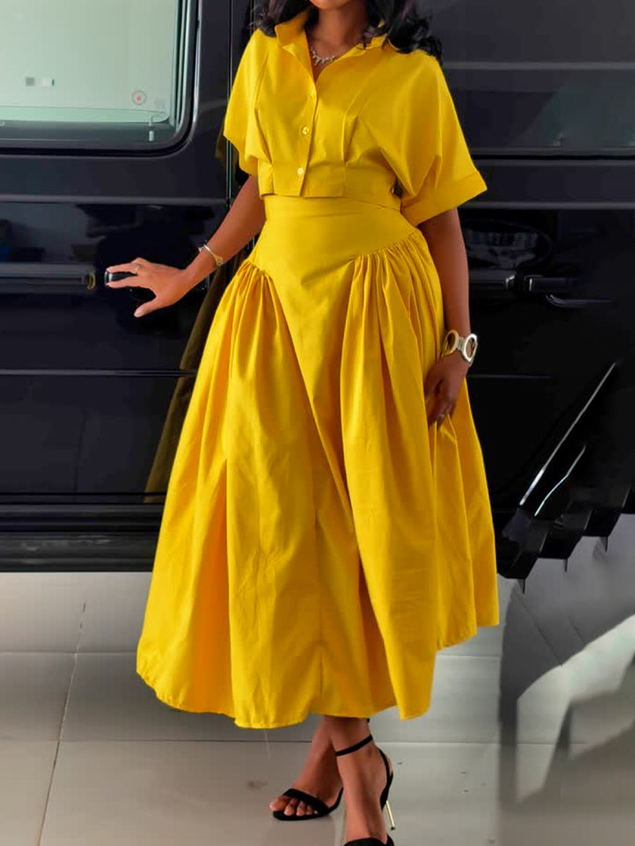 Turndown Collar High-waist Two Pieces Dress