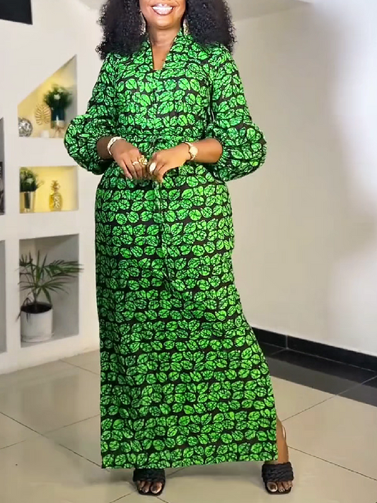 Green Leaf Print Maxi Dress