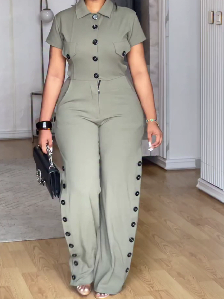 Button-Down Collar Jumpsuit with Side Button Detail