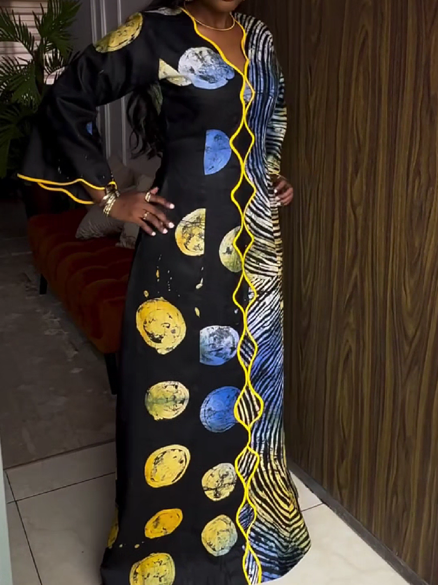 Abstract Print Long Sleeve Maxi Dress