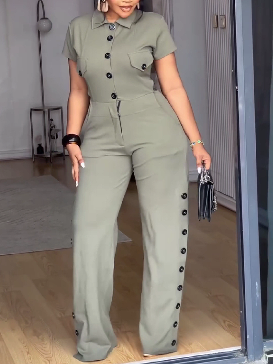 Button-Down Collar Jumpsuit with Side Button Detail