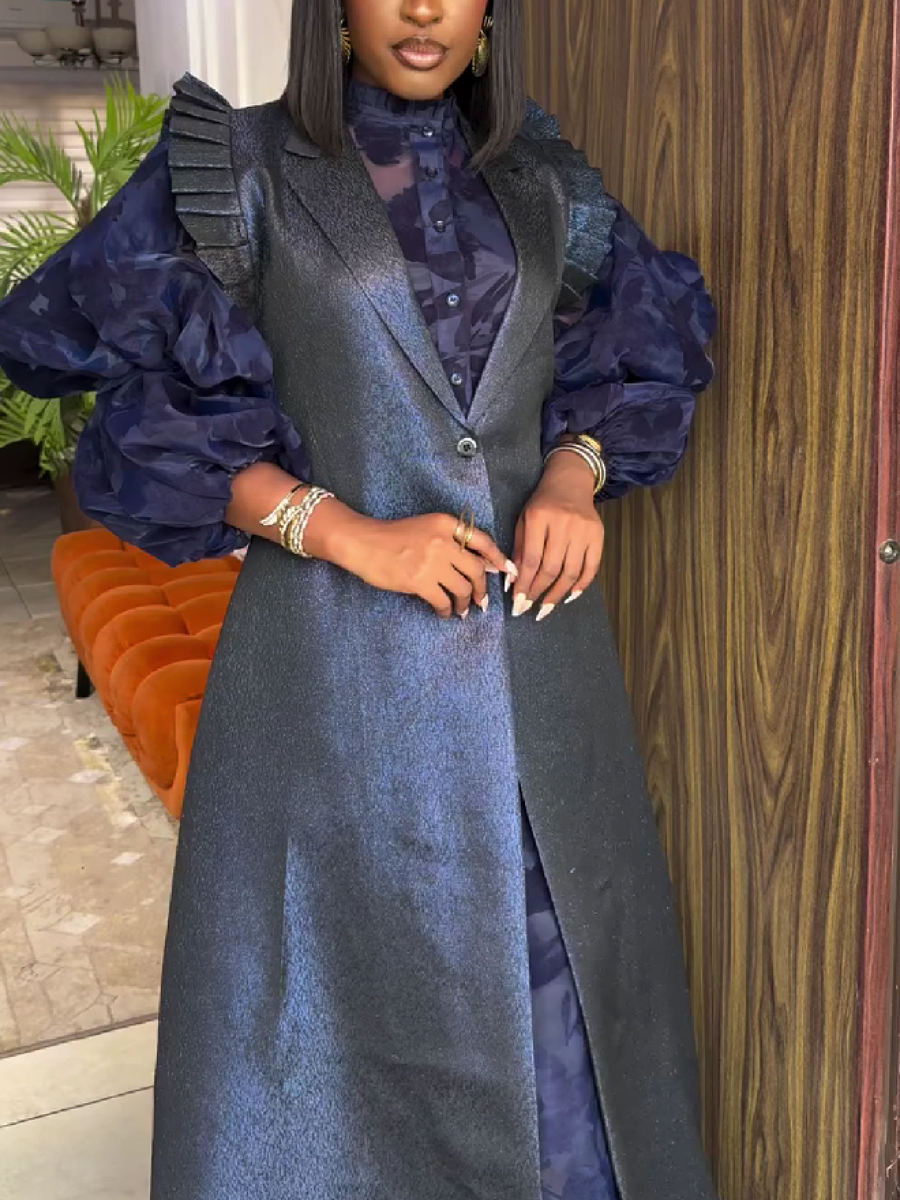 Ruffled Sleeve Dress with Layered Vest Overlay