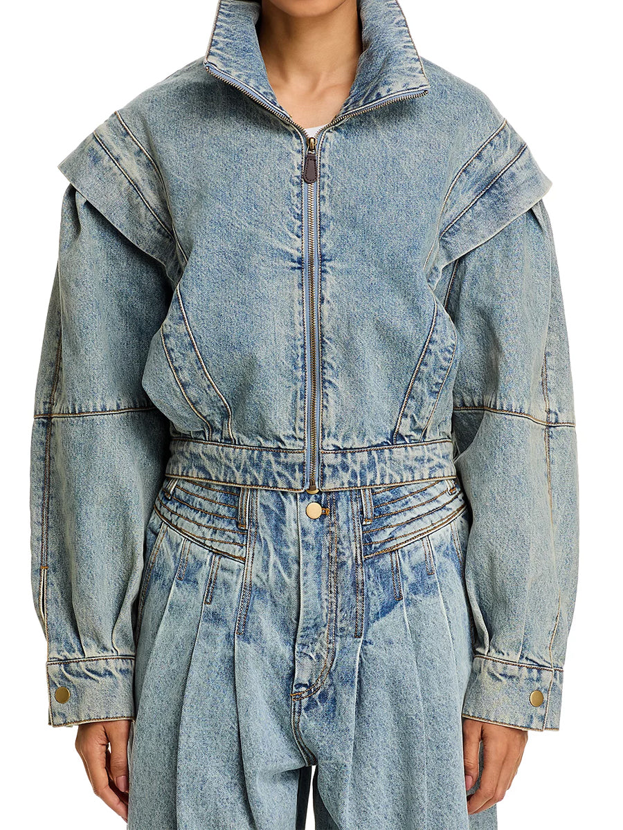 Stand Collar Patchwork Zip Up Denim Jacket