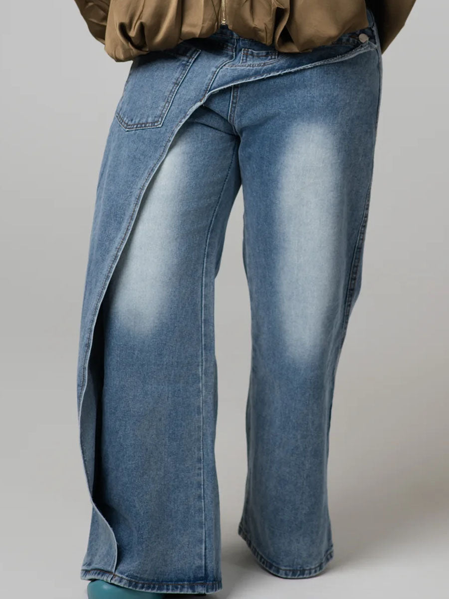 Criss-cross Front Waistband Denim Straight Pants
