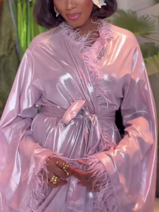 Fringe Trim Satin Wrap Dress